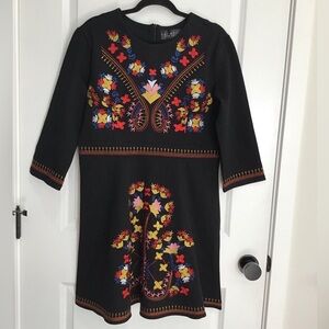 Lai Meng Five Cats Black Floral Embroidered 3/4 Sleeve Fit & Flare Dress Size XL